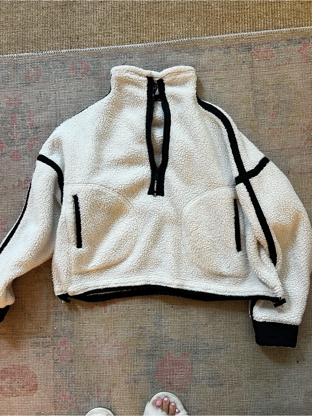 Plush Sherpa Half-Zip Pullover Sweater - White with Black Trim